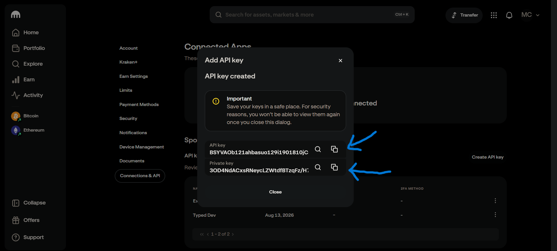 How to copy API keys